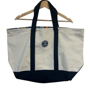 Life Is Good Canvas Tote Cream Navy Trim Full Zip Zipper Closure 21.5” X 14”